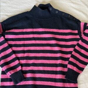 LOFT Navy & Pink Striped Mock Neck Sweater with Button Shoulder, Size M